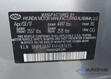 2017 Hyundai Sonata z USA, uszkodzony, nr VIN 5NPE24AF4HH587635